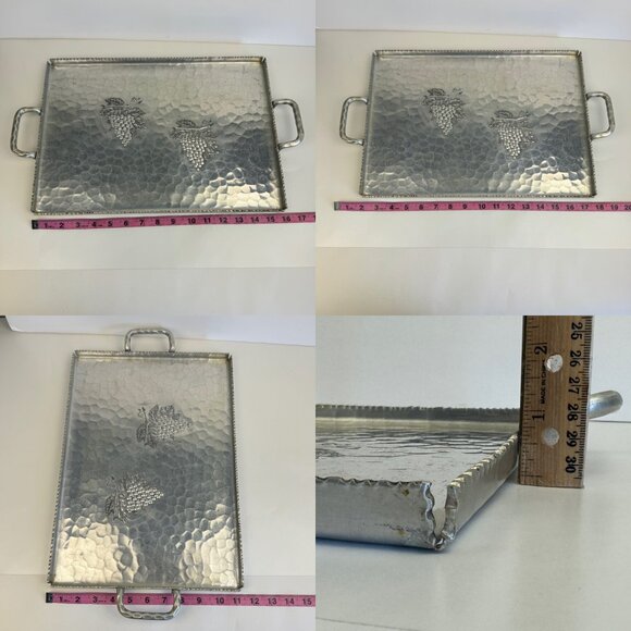 Vtg Hammercraft Hand Hammered Aluminum Serving Tray Handles Grape Design Texture - Picture 3 of 11